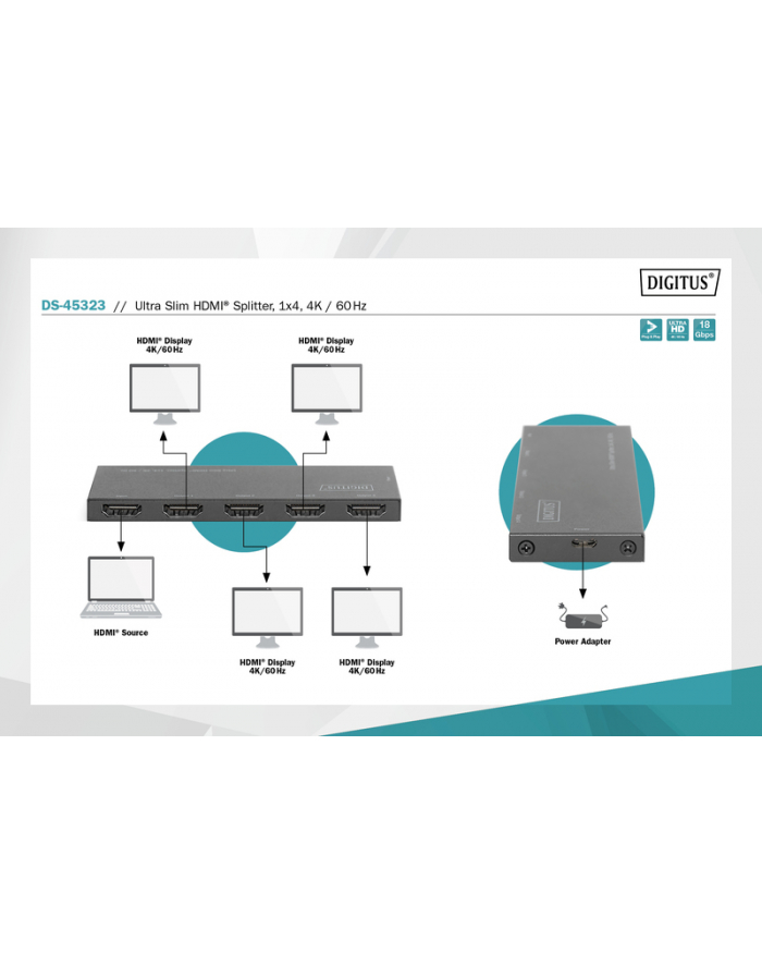 DIGITUS DS-45323 Ultra Slim HDMI Splitter 1x4 4K/60Hz HDR HDCP 2.2 18Gbps Micro USB powered główny