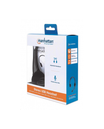 MANHATTAN Stereo USB Headset Lightweight On-ear Design Wired USB-A Plug Adjustable Microphone Black Retail Box