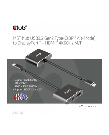 club 3d Spliter Club3D CSV-1552 (MST hub USB32 Gen2 Type-C(DP™ Alt-Mode) to DisplayPort™ + HDMI™ 4K60Hz M/F)