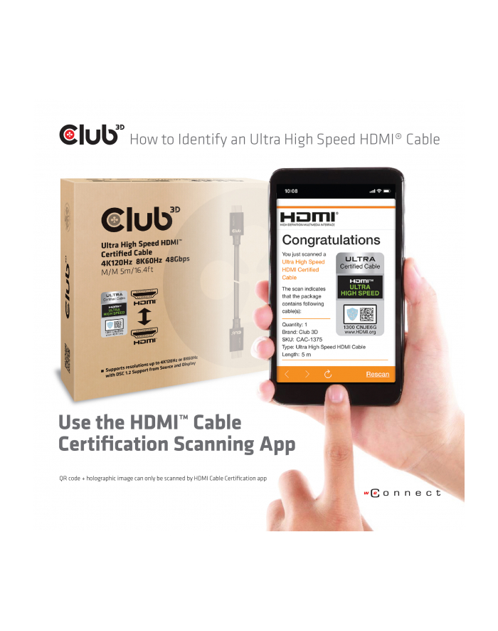 club 3d Kabel Club3D CAC-1375 (Ultra High Speed HDMI™ Certified Cable 4K120Hz 8K60Hz 48Gbps M/M 5m) główny