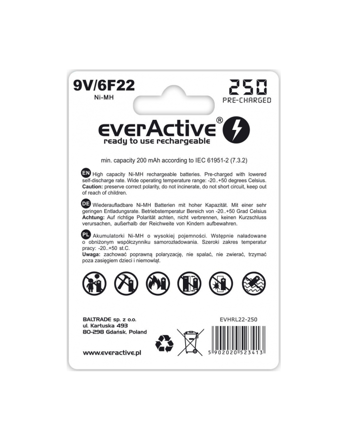 everactive Akumulatorek 6F22/9V NI-MH 250 mAh 1 szt. ready to use główny