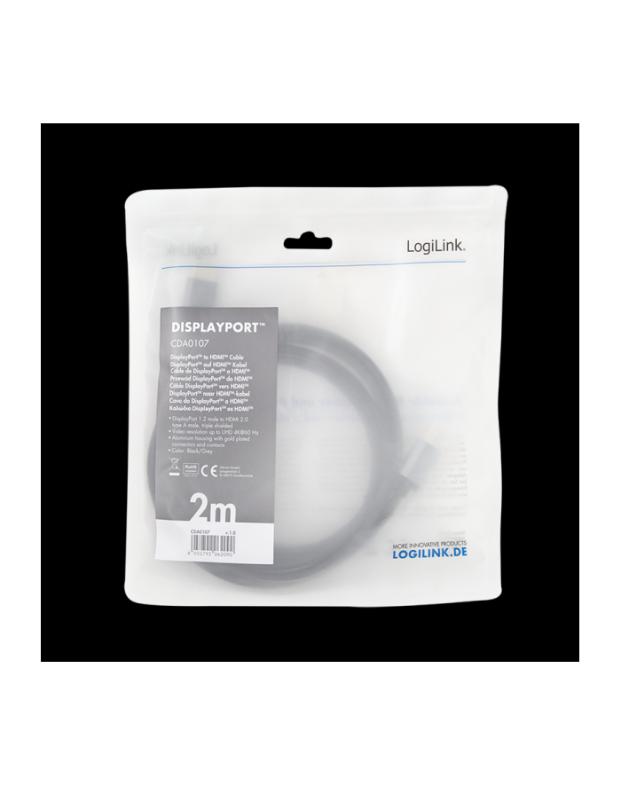 logilink Kabel DisplayPort 4K/60 Hz,DP do HDMI aluminiowy 2m główny