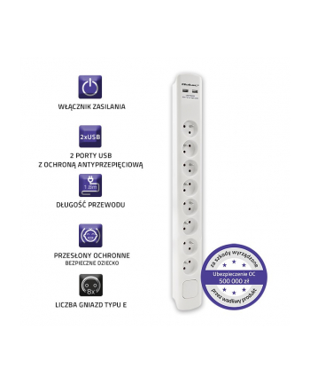 qoltec Listwa antyprzepięciowa | 8 gniazd | 2xUSB | 1.8m | Biała