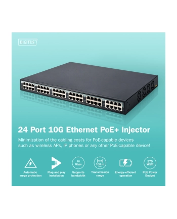 DIGITUS 24-Port Gigabit PoE+ Injector 24 ports data in 24 ports data out+PoE 370W power support
