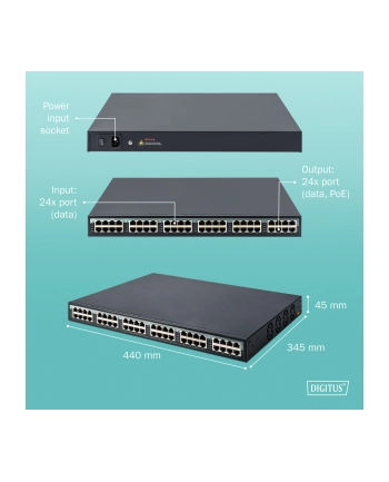 DIGITUS 24-Port Gigabit PoE+ Injector 24 ports data in 24 ports data out+PoE 370W power support
