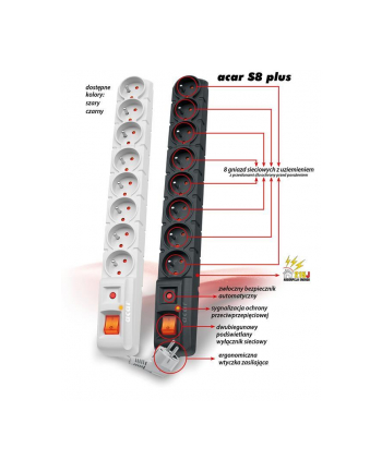 ''LISTWA ZASILAJĄCA ACAR S8 3M SZARY (8 GNIAZD)''