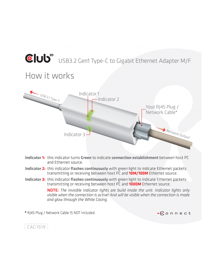 Club 3D Karta sieciowa USB3.2 Gen1 Type-C to Gigabit Ethernet Adapter (CAC1519) główny