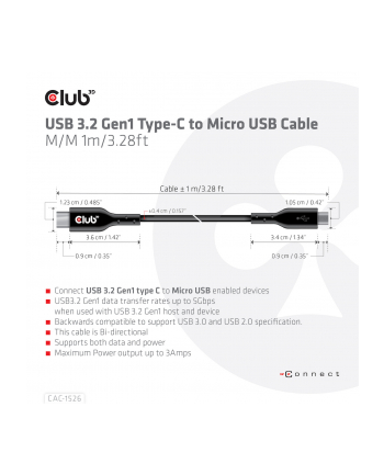 Club 3D Club3D Kabel USB 3.2 Gen1 Type C na Micro USB Cable (M/M), Bidirectional, 1m (CL3)