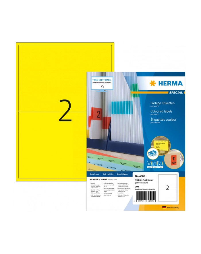 Herma Kolorowe Etykiety A4, 199,6 X 143,5 Mm, Żółty, Trwała Przyczepność - 4565 główny