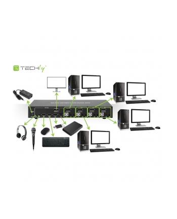 TECHLY KVM Switch Display Port 1.2 4-Port with Hub and Audio allows to view information via USB and DisplayPort from 4 PCs