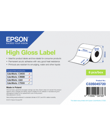 Epson High Gloss Label Die Cut Roll: 76Mm X 51Mm C33S045720