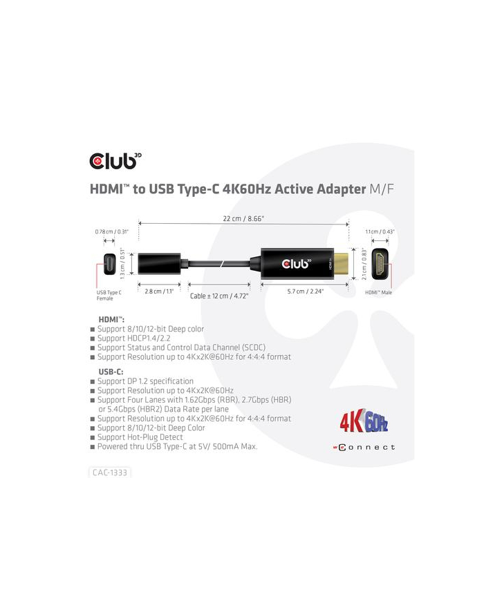 Adapter Club 3D CAC-1333 HDMI to USB-C 4K60Hz Active Adapter M/F główny