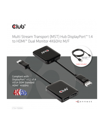 Hub Club 3D CSV-7200H Multi Stream Transport (MST) Hub DisplayPort™  14 to DisplayPort™ 14 to HDMI™ Dual Monitor 4K60Hz M/F nr 1