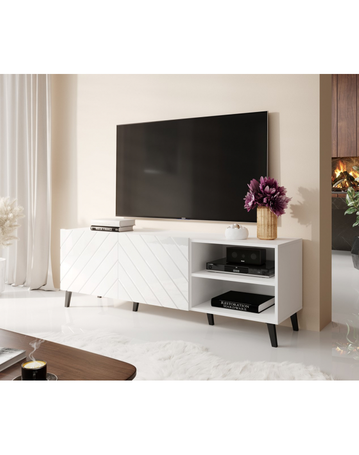 cama meble Szafka RTV ABETO 150x42x52 biały/biały połysk główny