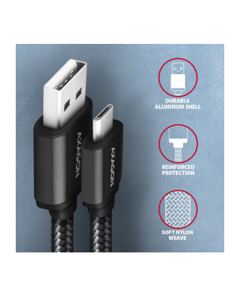 Axagon BUMM-AM15AB, HQ kabel Micro USB <-> USB-A, 1.5m, USB 2.0, 2.4A, ALU, oplet, CZARNY (AXN)