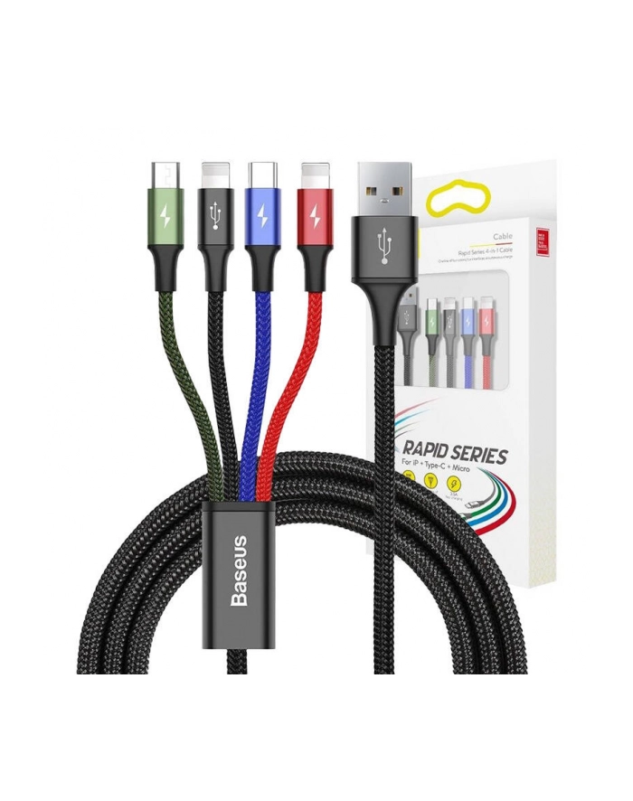 Baseus Kabel Przewód Usb 4W1 2X Lightning / Usb Typ C / Micro Usb w Nylonowym Oplocie 3.5A 1.2M Czarny (Ca1T4-A01) (6953156278486) główny
