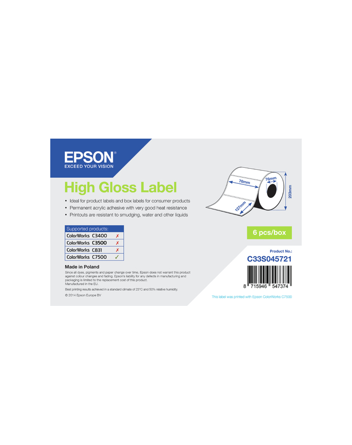 Epson High Gloss Label - Die-cut Roll: 76mm x 127mm, 960 labels C33S045721 główny