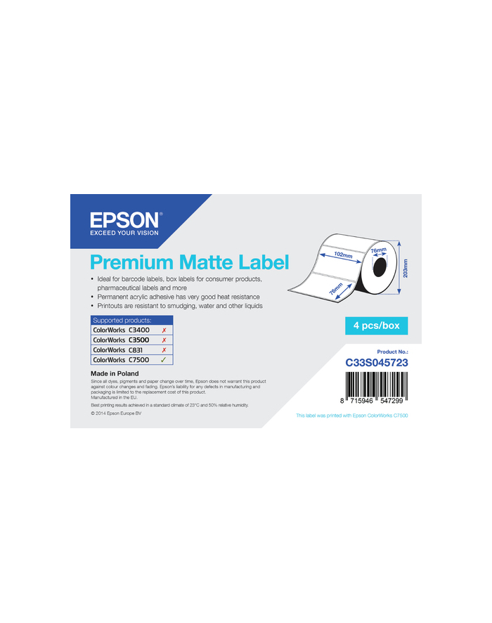 Epson Premium Matte Label - Die-cut Roll: 102mm x 76mm, 1570 labels C33S045723 główny
