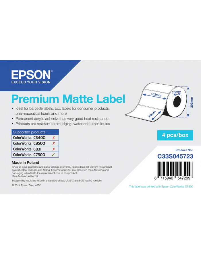 Epson Premium Matte Label - Die-cut Roll: 102mm x 76mm, 1570 labels C33S045723 główny