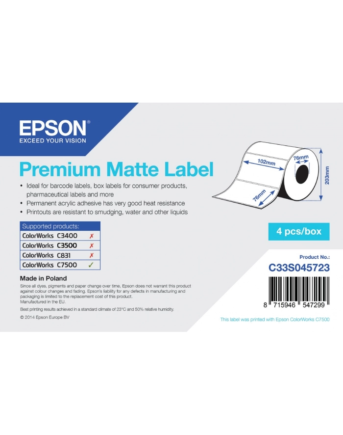Epson Premium Matte Label - Die-cut Roll: 102mm x 76mm, 1570 labels C33S045723 główny
