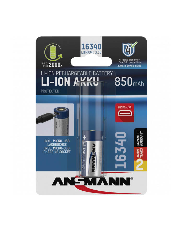 ANSMANN 16340 LI-ION AKKU 850MAH 3,6V MICRO USB INPUT 1300-0015 główny