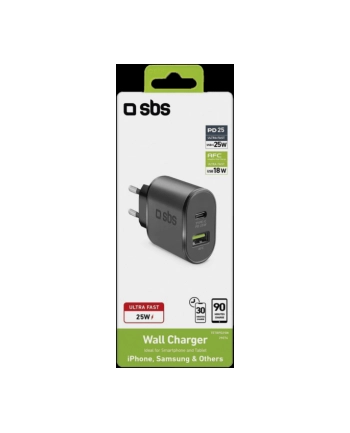 Sbs PD 1x USB + 1x Typ C 25W Czarny (TETRPD25W)