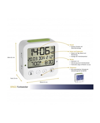 TFA Digital radio alarm clock with temperature BINGO (Kolor: BIAŁY/green)