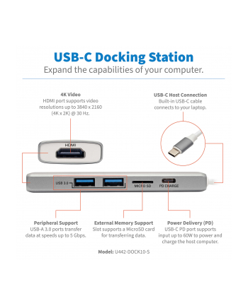 Tripp Lite U442-DOCK10-S huby i koncentratory USB 3.2 Gen 2 (3.1 Gen 2) Type-C 1000 Mbit/s Srebrny