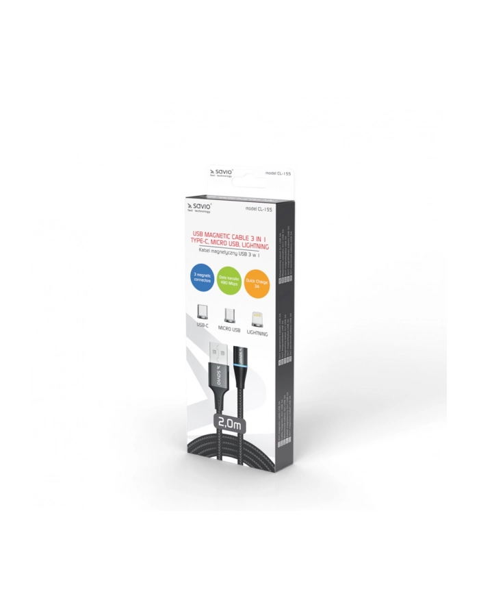 savio Kabel magnetyczny USB - USB typ C, Micro i Lightning, czarny, 2m, CL-155 główny