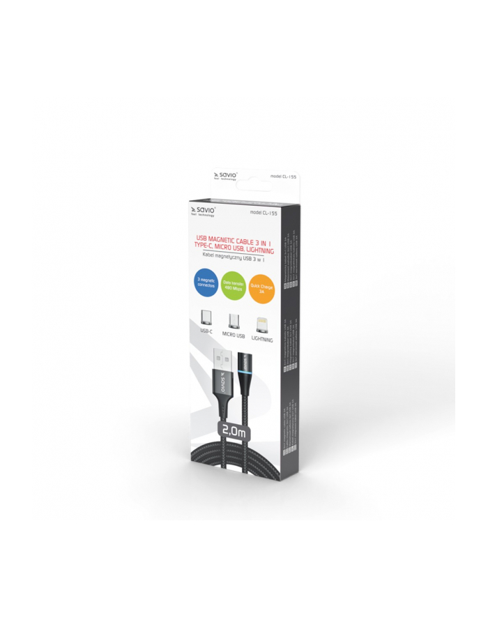 savio Kabel magnetyczny USB - USB typ C, Micro i Lightning, czarny, 2m, CL-155 główny