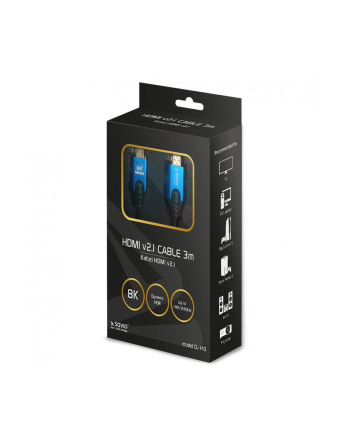 savio Kabel HDMI (M) v2.1, 3m, 8K, miedź, niebiesko-czarny, złote końcówki, ethernet/3D, CL-143 główny