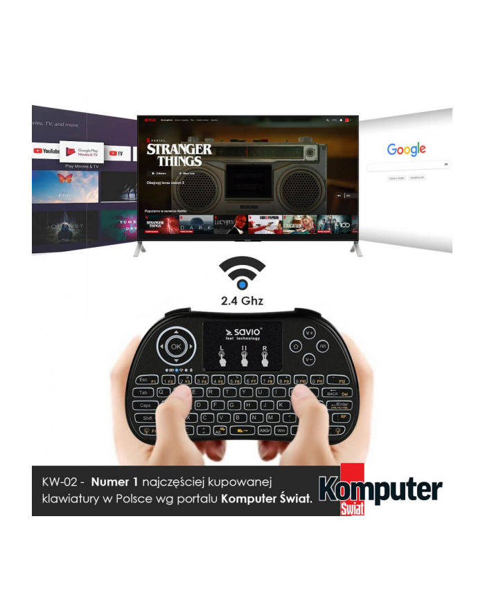 savio Podświetlana klawiatura bezprzewodowa TV Box, Smart TV, konsole, PC, KW-02 główny