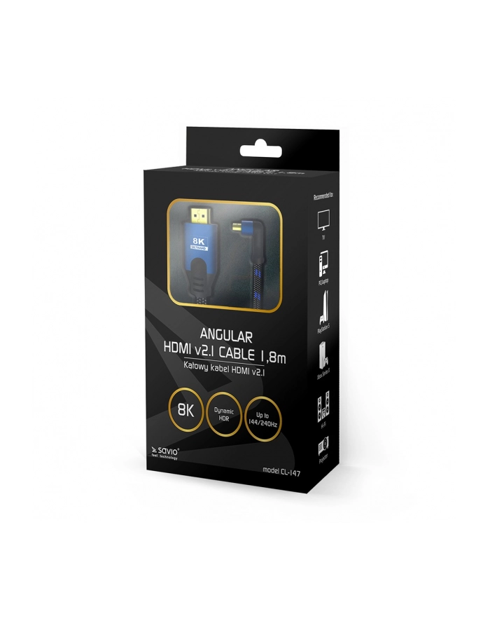 savio Kabel HDMI (M) v2.1, 1,8m, kątowy, 8K, miedź, niebiesko-czarny, złote końcówki, ethernet/3D, CL-147 główny
