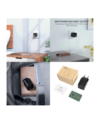 aukey PA-Y20S Black Mini ładowarka sieciowa 1xUSB-C 20W PD Power Delivery