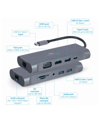 gembird Adapter USB-C Hub USB-C PD GbE VGA HDMI 3xUSB 3.1 card audio nr 2
