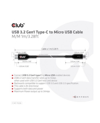 club 3d Club3D CAC-1526 USB TYPE C 32 GEN 1 TO USB MICRO CABLE 1M/328FT BIDIRECTIONAL