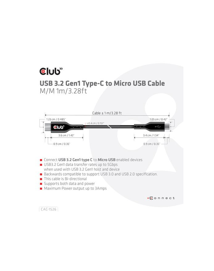 club 3d Club3D CAC-1526 USB TYPE C 32 GEN 1 TO USB MICRO CABLE 1M/328FT BIDIRECTIONAL główny