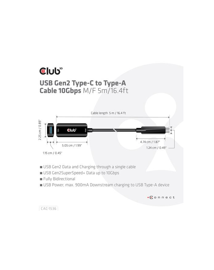 club 3d Club3D CAC-1536 USB GEN2 TYPE-C TO TYPE-A CABLE 10GBPS M/F 5M/164FT główny