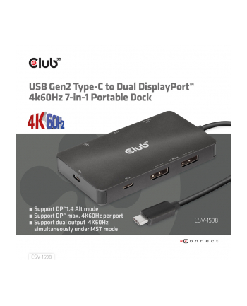 club 3d Club3D CSV-1598 USB Gen2 Type-C to Dual DisplayPort™ 4k60Hz 7-in-1 Portable Dock