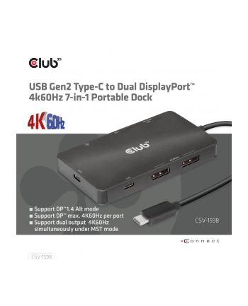 club 3d Club3D CSV-1598 USB Gen2 Type-C to Dual DisplayPort™ 4k60Hz 7-in-1 Portable Dock