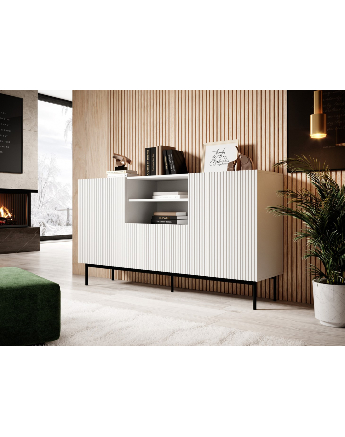 cama meble Komoda PAFOS na czarnym stelażu ze stali 150x40x90 biały mat główny