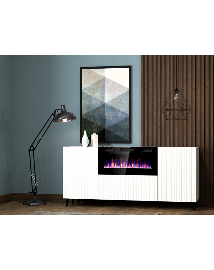 cama meble Komoda PAFOS z kominkiem elektrycznym 180x42x82 biały mat główny