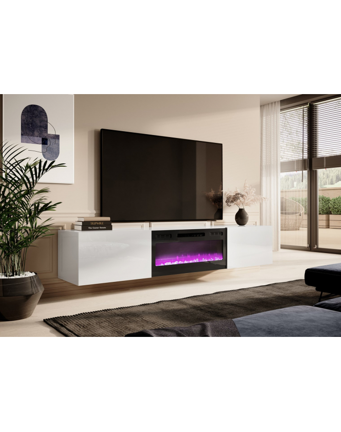 cama meble Szafka RTV SLID-E 200K z kominkiem elektrycznym 200x40xH37 cała w białym połysku główny