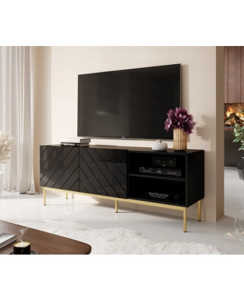cama meble Szafka RTV ABETO na złotym stelażu ze stali 150x42x60 czarny/czarny połysk nr 2