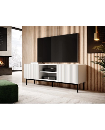 cama meble Szafka RTV PAFOS na czarnym stelażu ze stali 150x40x60 biały mat nr 2