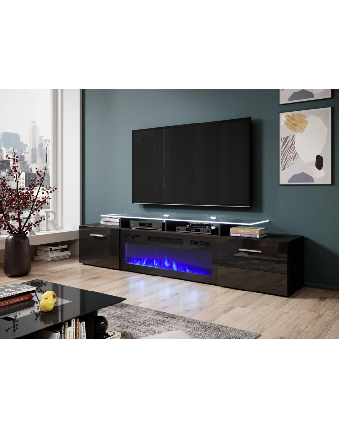 cama meble Szafka RTV ROVA z kominkiem elektrycznym 190x37x48 czarny/czarny połysk główny