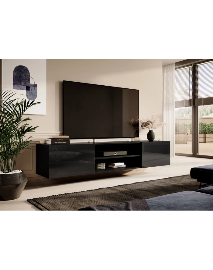 cama meble Szafka RTV SLID-E 200K 200x40xH37 cała w czarnym połysku główny