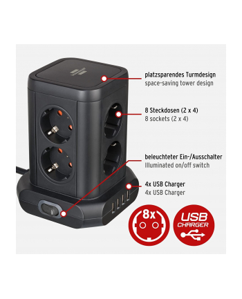 Brennenstuhl socket tower 8-way in 45 arrangement, socket strip (Kolor: CZARNY, 4x USB)