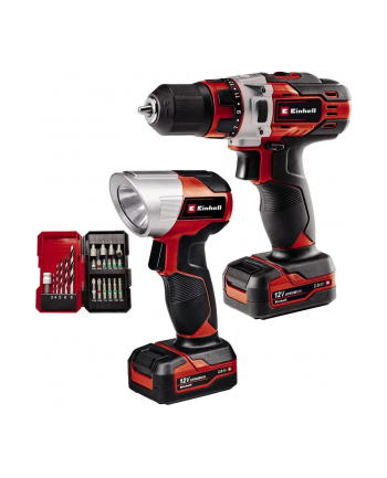 Einhell Cordless Drill TE-CD 12/1 +22+CL, 12V (red/Kolor: CZARNY, 2x Li-Ion battery 2Ah, 22-piece bit and drill set + battery light)