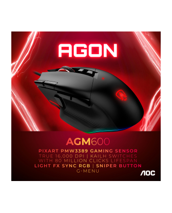 Mysz przewodowa AOC AGM600 Pixart PWM3389 RGB 16000 DPI czarna